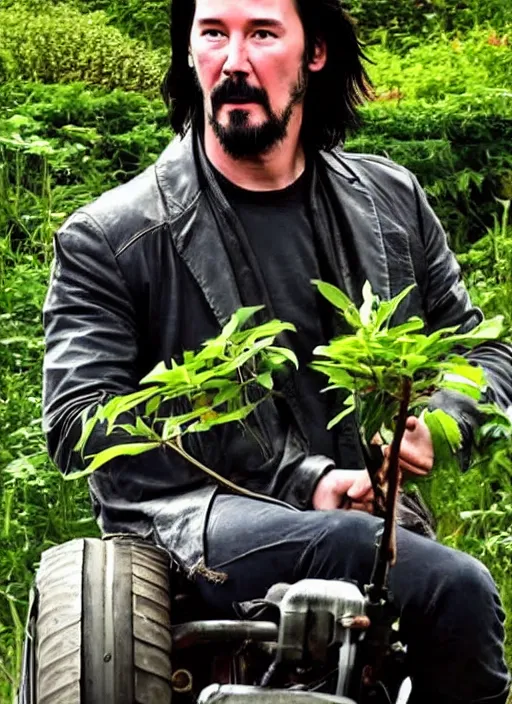 Prompt: solarpunk keanu reeves driving a tractor, cyberpunk 2 0 7 7 wake up samurai, solarpunk, lots of plants, gardening, permaculture, anarchy, realistic, ultra detailed