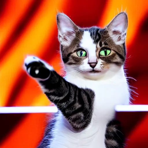 Prompt: real photo of a cat singing on the stage of eurovision 2 0 2 2