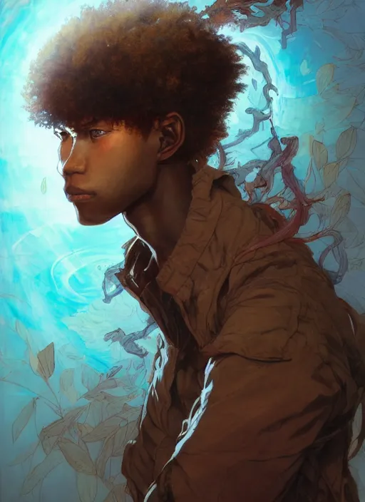 Image similar to prompt : portrait soft light painted by james jean and katsuhiro otomo and erik jones, inspired by akira anime, epic fantasy, a young long haired peasant boy with dark skin, brown skin, a dark complexation in plain fantasy clothing with intelligent eyes, intricate oil painting, high detail illustration, sharp high detail