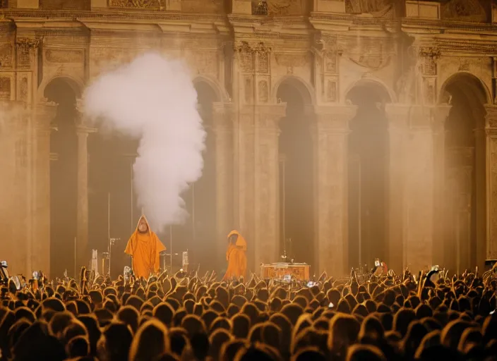 Image similar to a high resolution photograph of sunn o ) ) ) playing live at the vatican with monk robes, smoke machines, huge walls of amplifiers, many amplifiers stacked high, ornate