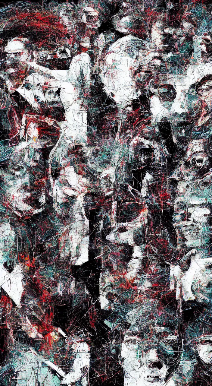 Image similar to pixel sorting in the style of ralph steadman, gearlord digital celluar automata