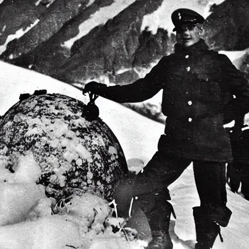 Prompt: photo of an ss officer with a frozen crashed ufo on the alps, 1935, high definition