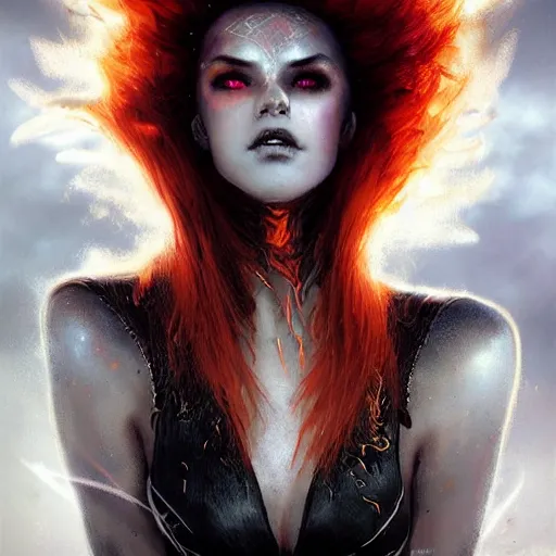 Prompt: kerli koiv as a fire genasi, flaming hair, darkwave, darksynth, concept headshot art, sharp, digital matte painting, art by luis royo, greg rutkowski, wlop, dramatic lighting, trending on artstation