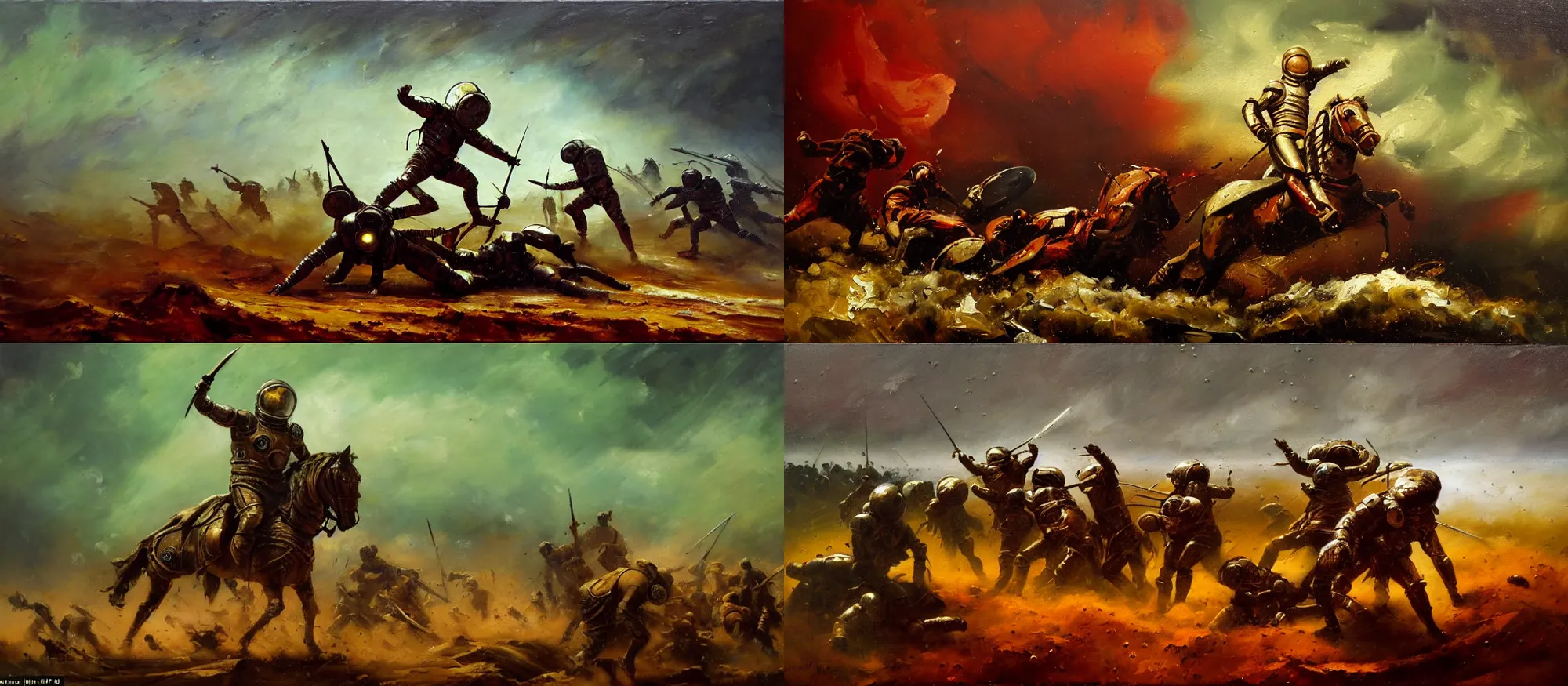 Image similar to battle scene, gladiator - astronaut using knives, segmented armor, luminist style, tonalism, dramatic lighting, action scene, palette knife, frenetic brushwork, chiaroscuro, figurative art, detailed, proportions, spatter, dust, atmospheric, volumetric lighting, red iron oxide, raw sienna, and sage green