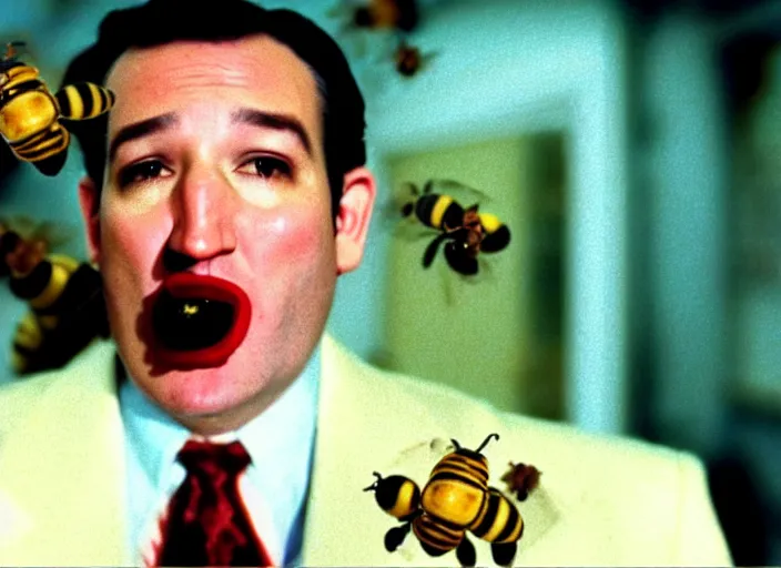 Image similar to film still of ted cruz as the candyman with bees coming out of his mouth in candyman 1 9 9 2