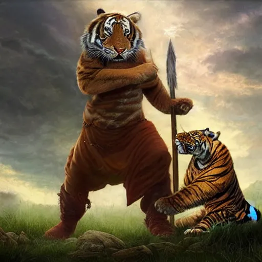 Prompt: A Wizard battling a Tiger, Photo Credit: National Geographic, digital art, masterpiece; trending on ArtStation; by MotG digital painting by R.J. Palmer