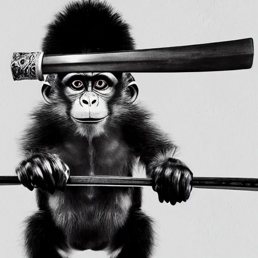 Image similar to Sumi-e painting of a monkey, wearing traditional samurai armor, helmet and mempo, welding a katana, octane render, hyper realistic, full body shot, rendered in 8K resolution, black ink painting