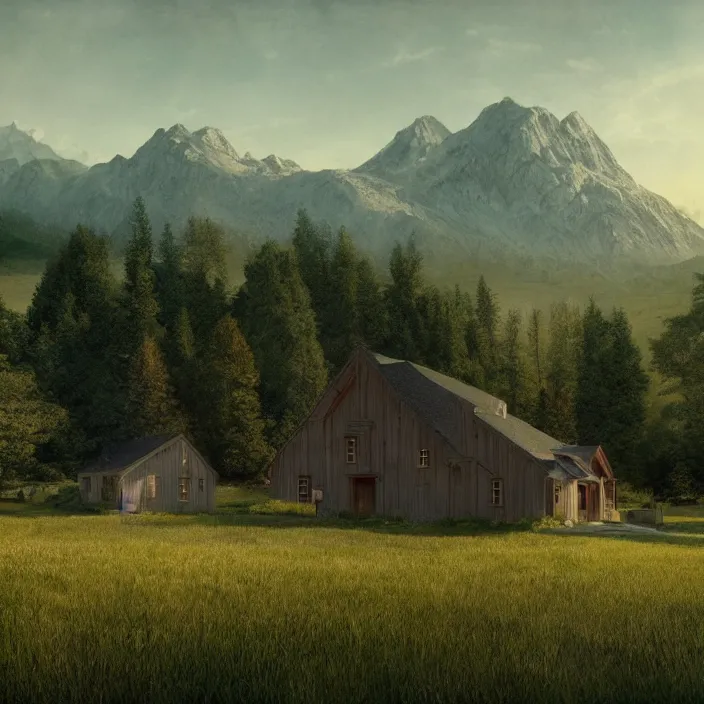 Image similar to a house in a field with mountains in the background, a matte painting by gregory crewdson, behance contest winner, american scene painting, matte painting, concept art, movie still