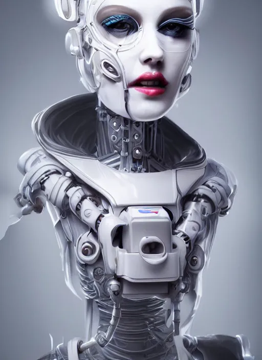 Image similar to a white cast futuristic biomechanical humanoid evil nurse with pretty face, porcelain skin, ornate headpiece, futuristic digital painting, cyberpunk, 8 k,