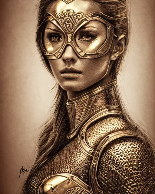 Prompt: pencil sketch portrait of woman in shining golden armor, high production value, intricate details, high resolution, hdr, high definition, masterpiece, realistic, ultrarealistic, highly detailed, hd, sharp focus, non blurry, sharp, smooth