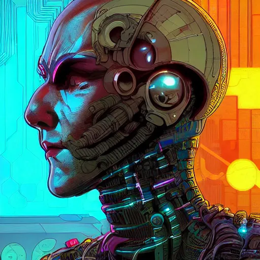 Image similar to comic book illustration, cyberpunk concept art, a portrait of a cybernetic monk meditating in lotus pose, art by josan gonzales and wlop, highly detailed, intricate, sci-fi, sharp focus, Trending on Artstation HQ, deviantart