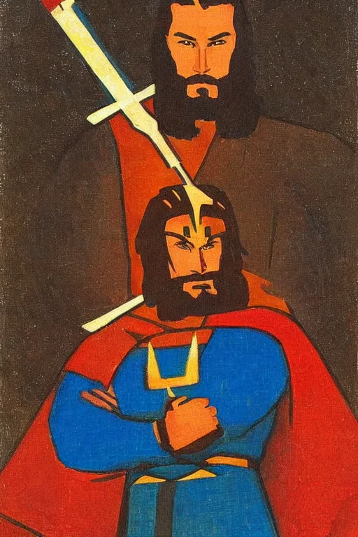 Image similar to thor with hammer, marvel, artwork by nicholas roerich,