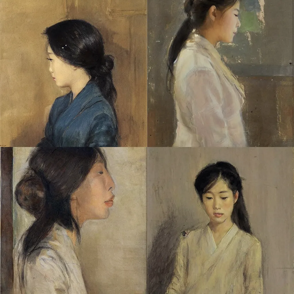 Prompt: asian girl with long hair, profile, silk dress, by antonio mancini