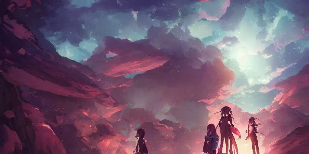 Prompt: isekai masterpiece by mandy jurgens, irina french, rachel walpole, ross tran, illya kuvshinov, deeznutz, and alyn spiller of an anime woman standing tree log looking up at giant crystals, nebula night, cinematic, very warm colors, intense shadows, ominous clouds, anime illustration, anime screenshot composite background