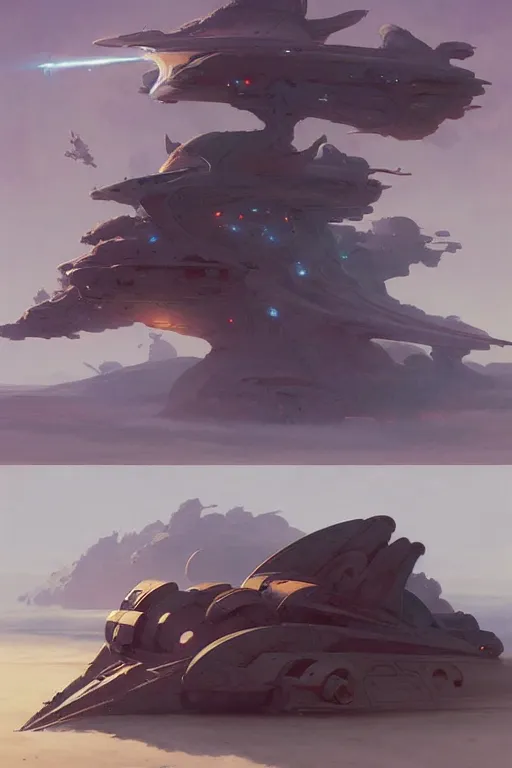 Image similar to hyoerbolic starship concept design by peter mohrbacher and craig mullins and hiroshi yoshida and james jean and frank frazetta and michael whelan and andreas rocha