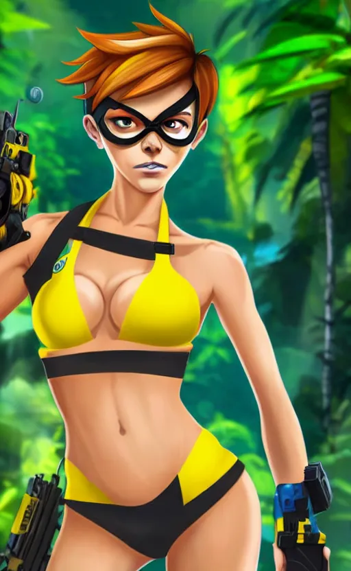 Image similar to tracer game character, in yellow bikini, blonde hair, black eyes, hands free, against the background of the jungle full height