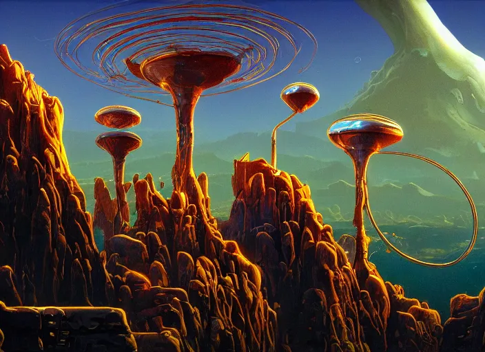 Image similar to close up photograph of a strange surrealist detailed alien electronic-wind-tesla-coil-musical-instrument!!, designed by pixar!!, in the background is a bryce 3d surrealist landscape biome, hyper detailed, photorealistic, John Howe, Peter Andrew Jones, Blacklight fantasy poster, 90s videogame screenshot, 8k, hd