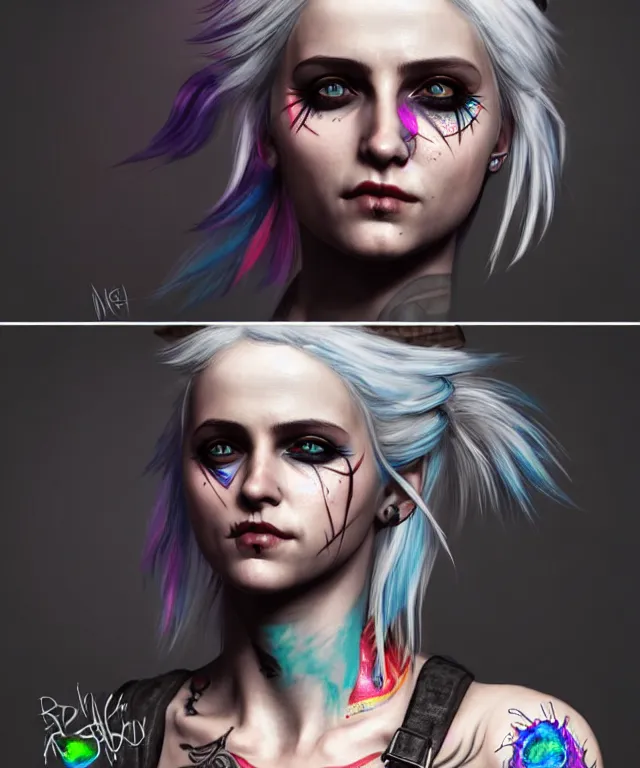 Image similar to ciri dressed as a punk, side buzzed, rainbow hair, tattoos, face piercings, beautiful, highly detailed face, true anatomy!, extremely detailed!, digital painting, unreal engine 5, art by tom bagshaw