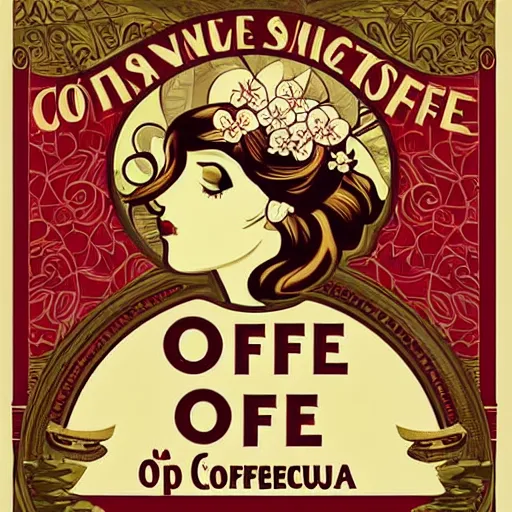 Prompt: art Nouveau style poster advertisement for coffee, beautiful, HD