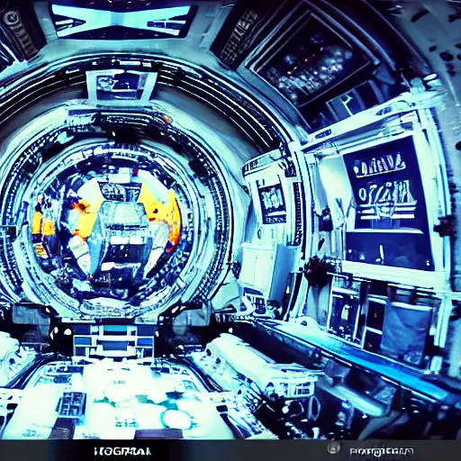 Image similar to hologram dj rave in the interior of an international space station. giant robotic mech particle accelerator. huge music festival with wall of sound. photorealistic 35mm 4k octane render