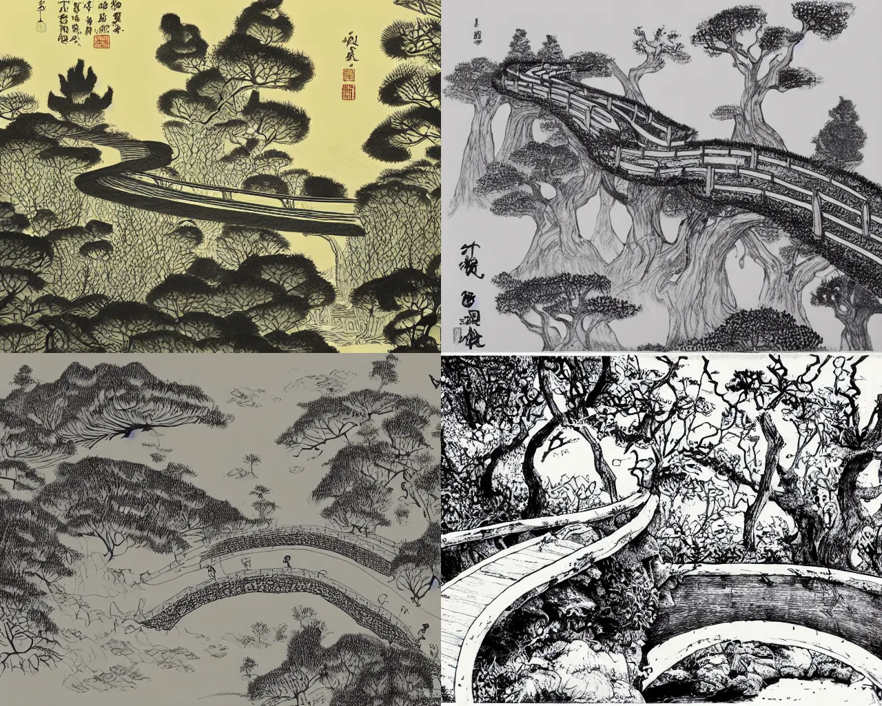 Prompt: ink illustration of a forest bridge by qian xuan and sesshu toyo