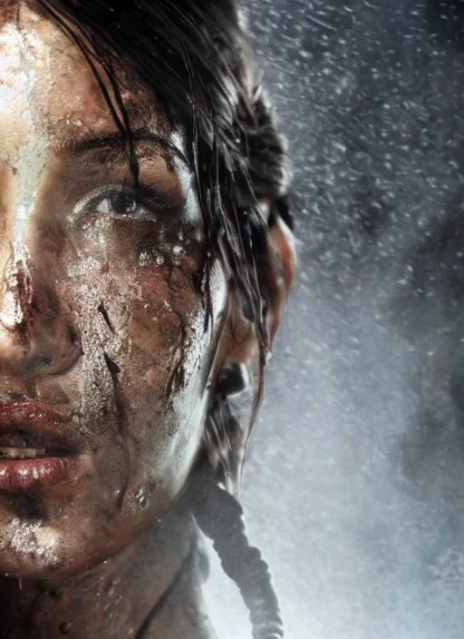 Image similar to a film still of lara croft as swat cop, her face muddy and sweat, direct sun light, close up potrait, cinematic,