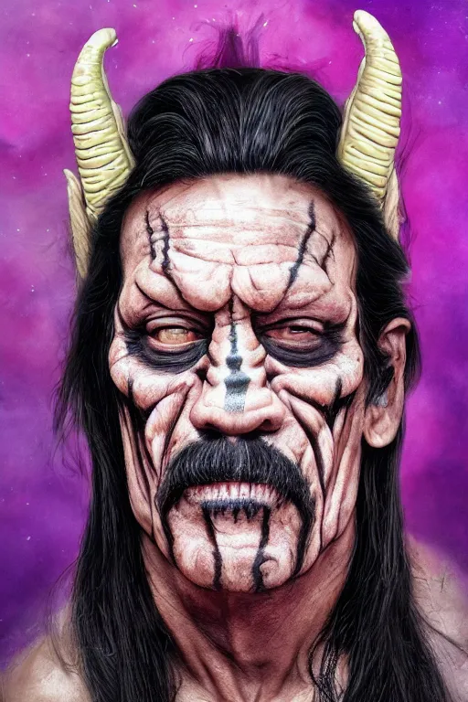 Image similar to danny trejo, full body, big two toned eyes, halloween, unicorns, intricate details, cinematic, epic, realistic, anatomy, lisa frank, uplight, artstation, photorealistic, scary