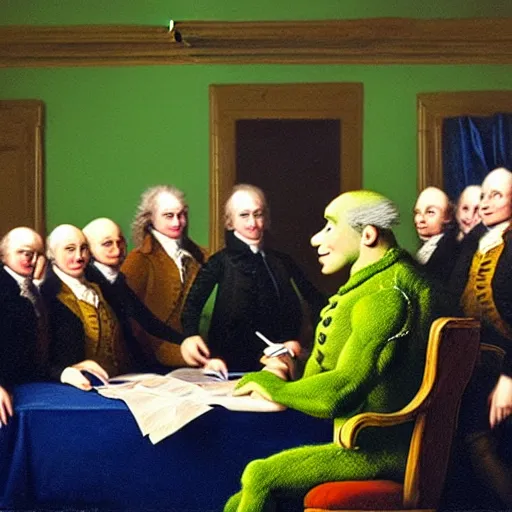 Prompt: shrek at the signing of the declaration of independence oil painting