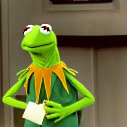 Image similar to screengrab of kermit as guest on seinfeld