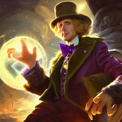 Image similar to portrait of willy wonka as a spellcaster, league of legends amazing splashscreen artwork, splash art, natural light, elegant, photorealistic facial features, intricate, fantasy, detailed face, atmospheric lighting, anamorphic lens flare, cinematic lighting, league of legends splash art, hd wallpaper, ultra high details by greg rutkowski