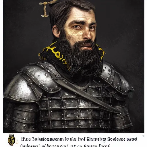 Image similar to Closeup of frustrated male medieval sergeant with a {short} beard wearing a {black!!!! and yellow tabard} over a steel breastplate and a black gambeson looking up from a map on a table, intricate, dramatic lighting illustration by Greg Rutkowski, {perfect face}, {perfect eyes}, ArtStation, digital art, fantasy