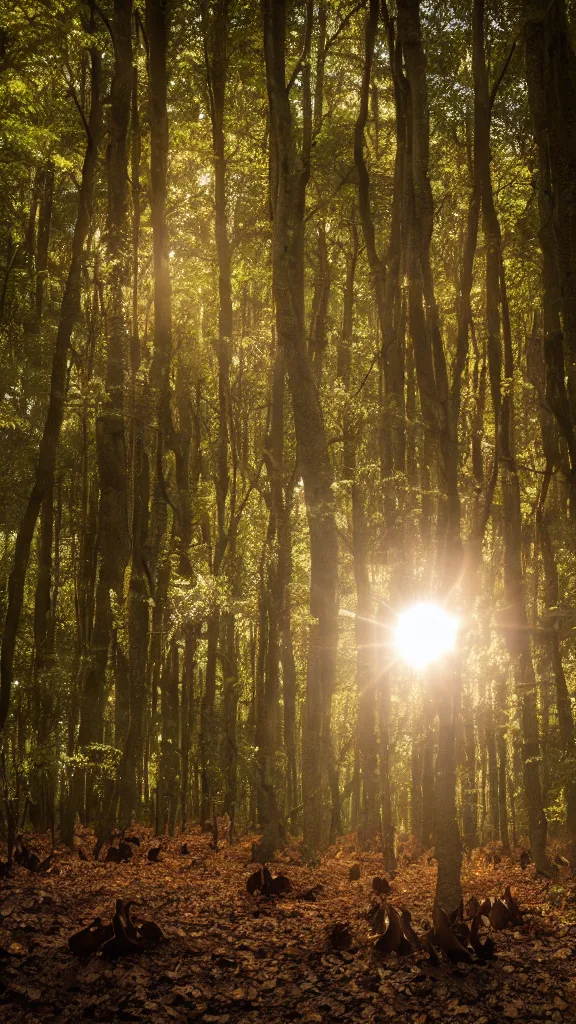 Image similar to photo of the forest, the sun through the foliage, a lot of porcini mushrooms, cinematic lighting, highly detailed