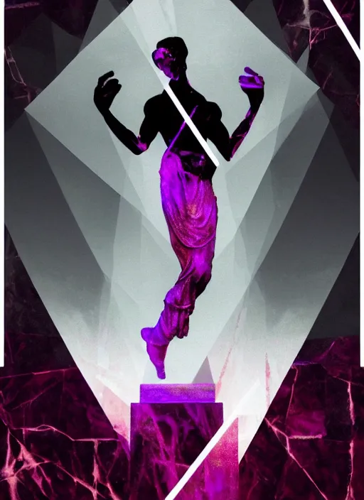 Image similar to elegant dark design poster showing a beautiful greco roman marble statue, black background with very subtle red and purple design elements, bold, powerful, nekro, vito acconci, thin straight purple lines, dark, glitch art, neo vaporwave, gritty, layout frame, square, trending on artstation