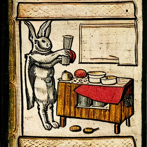 Prompt: medieval book illustration of a rabbit baking in a kitchen