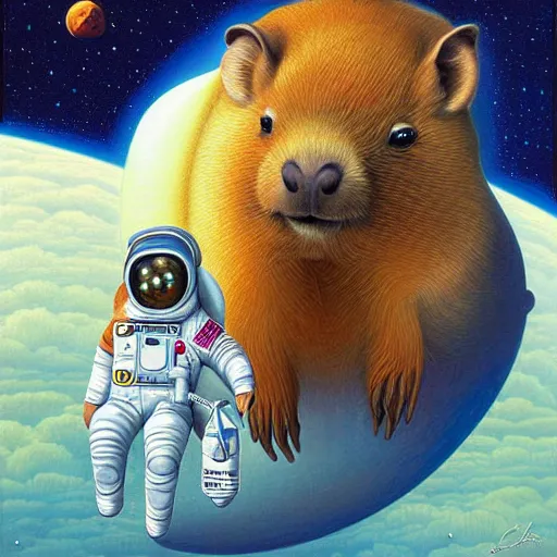 Prompt: beautiful detailed painting of a capybara astronaut in a spacesuit floating above earth by casey weldon by mark ryden by thomas blackshear