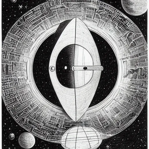 Prompt: astronaut opening door that shows the universe illustrated by davinci, golden ratio, circles, squares, perfection, intricate, sublime, heavenly, doorway, detailed, pencil art, spirals
