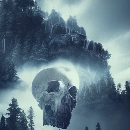 Prompt: giant floating skull mountain, surrounded by clouds, trees on scalp, waterfall, octane render, colored pencil