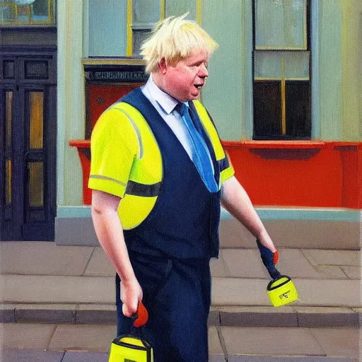 Image similar to A fine art painting of Boris Johnson doing community service in a high vis vest, he is picking litter on a British street. In the style of Edward Hopper and Wes Anderson