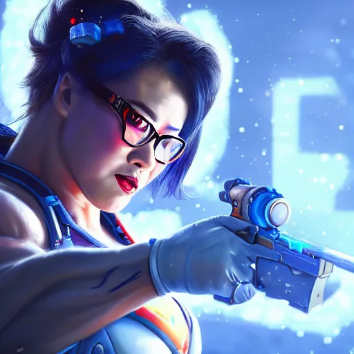 Image similar to a screenshot of arnold schwarzenegger as mei shooting frost gun in overwatch, portrait, fantasy, beautiful face, vivid colors, elegant, concept art, sharp focus, digital art, hyper - realistic, 4 k, unreal engine, highly detailed, hd, dramatic lighting by brom, trending on artstation