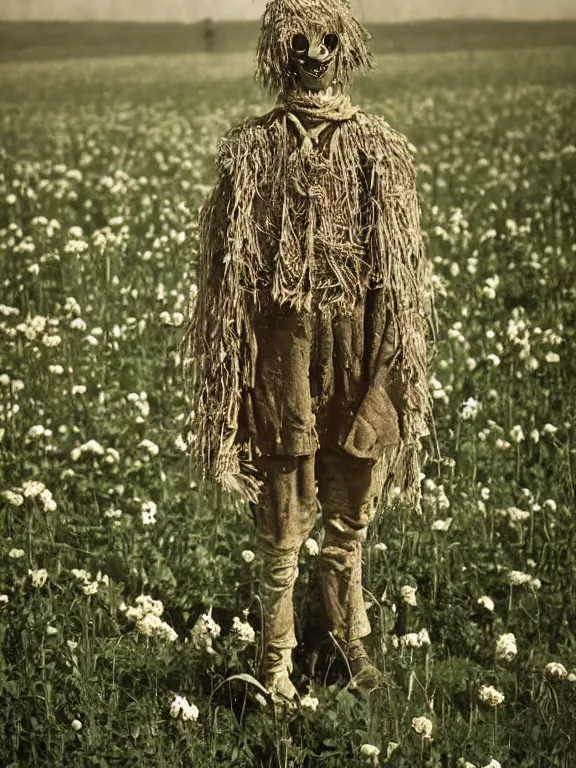 Image similar to human-like scarecrow wearing torn military clothes in beautiful meadow of flowers, ww1 photo, grainy, high detail, high resolution,