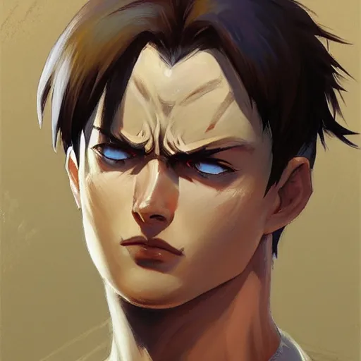 Image similar to greg manchess portrait painting of eren jeager as overwatch character, medium shot, asymmetrical, alan yeager ， profile picture, organic painting, sunny day, matte painting, bold shapes, hard edges, street art, trending on artstation, by huang guangjian and gil elvgren and sachin teng