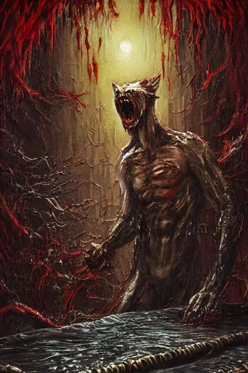 Image similar to grainy wet werewolf oil painting, horror, lovecraftian horror, bloody, pools of blood, reflecting, set in the bloodborne videogame