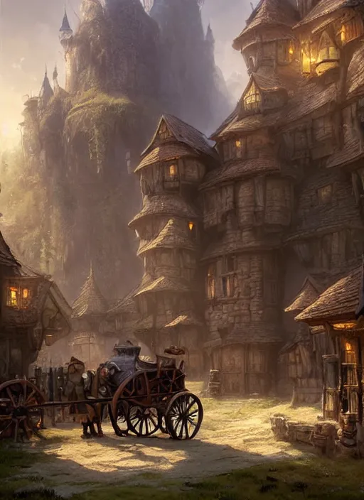 Prompt: wagons pulled by an ox at the robust fantasy castle courtyard, calming, uplifting mood, ultra realistic, funny, small buildings, highly detailed, epic lighting, illuminated, cinematic, morning, art by eddie mendoza