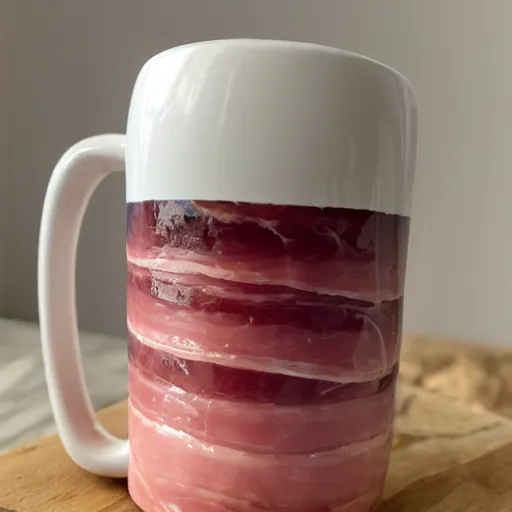 Prompt: a fresh hot piping mug of ham