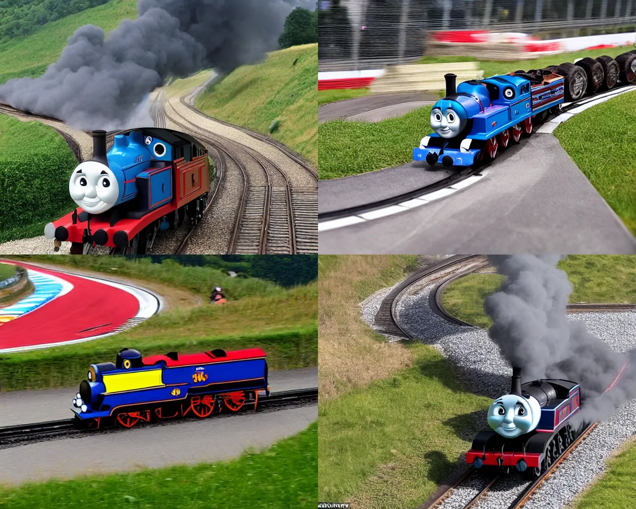 Prompt: Thomas the Tank Engine but with sports car tyres, drifting around a corner, smoke trailing out the back, at the Nurburgring Nordschleife setting a hot lap, not train tracks