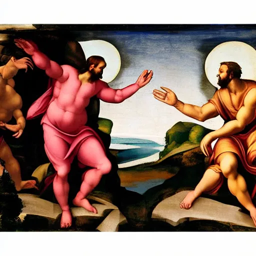 Prompt: The Creation of Adam, god is handing man an iPhone, The Sistine Chapel, Fresco by Michelangelo