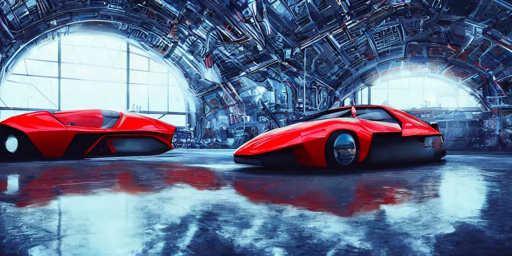 Image similar to kama russian electrocar, inside futuristic hangar, red car, sharp focus, ultra realistic, ultra high pixel detail, cinematic, intricate, cinematic light, concept art, illustration, art station, unreal engine 8 k