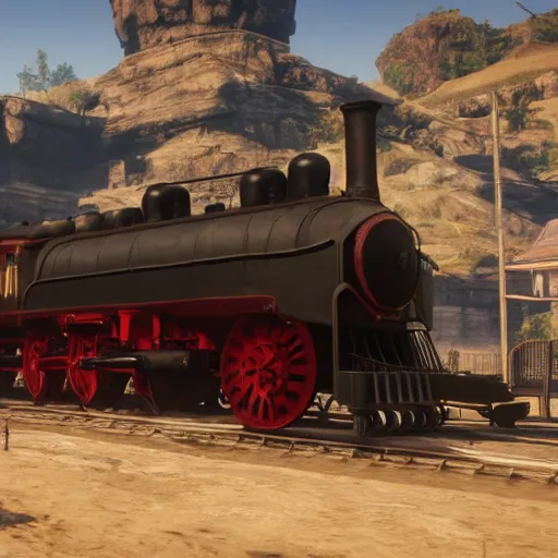 Image similar to futuristic sleek steam locomotive in red dead redemption 2