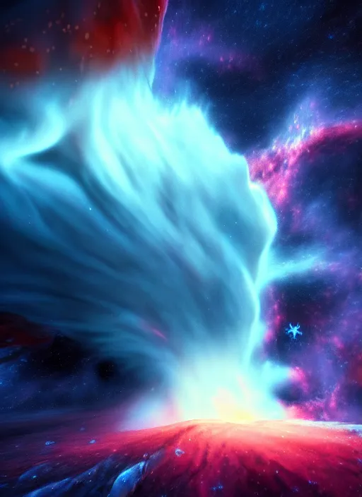 Image similar to frozen spceship in front of a nebula made of collapsing gas clouds and frozen young stars by tyler edlin ultra realistic, smooth shadows, ultra detail, high resolution, cinematic, unreal 6, 8 k 3 d