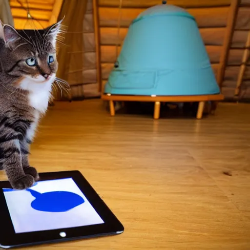 Prompt: photo of cat playing ipad in a yurt